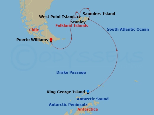 13 Night - King George Island to Puerto Williams - Silver Endeavour - Starting in King George Island, Antarctic Sound, Antarctic Peninsula, Drake Passage, Port Stanley, Falkland Islands, Saunders Island, West Point Island, Puerto Williams itinerary map