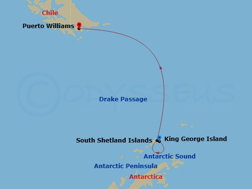 9 Night - King George Island to Puerto Williams - Silver Cloud - Starting in King George Island, Antarctic Sound, Antarctic Peninsula, South Shetland Islands, Drake Passage, Puerto Williams itinerary map